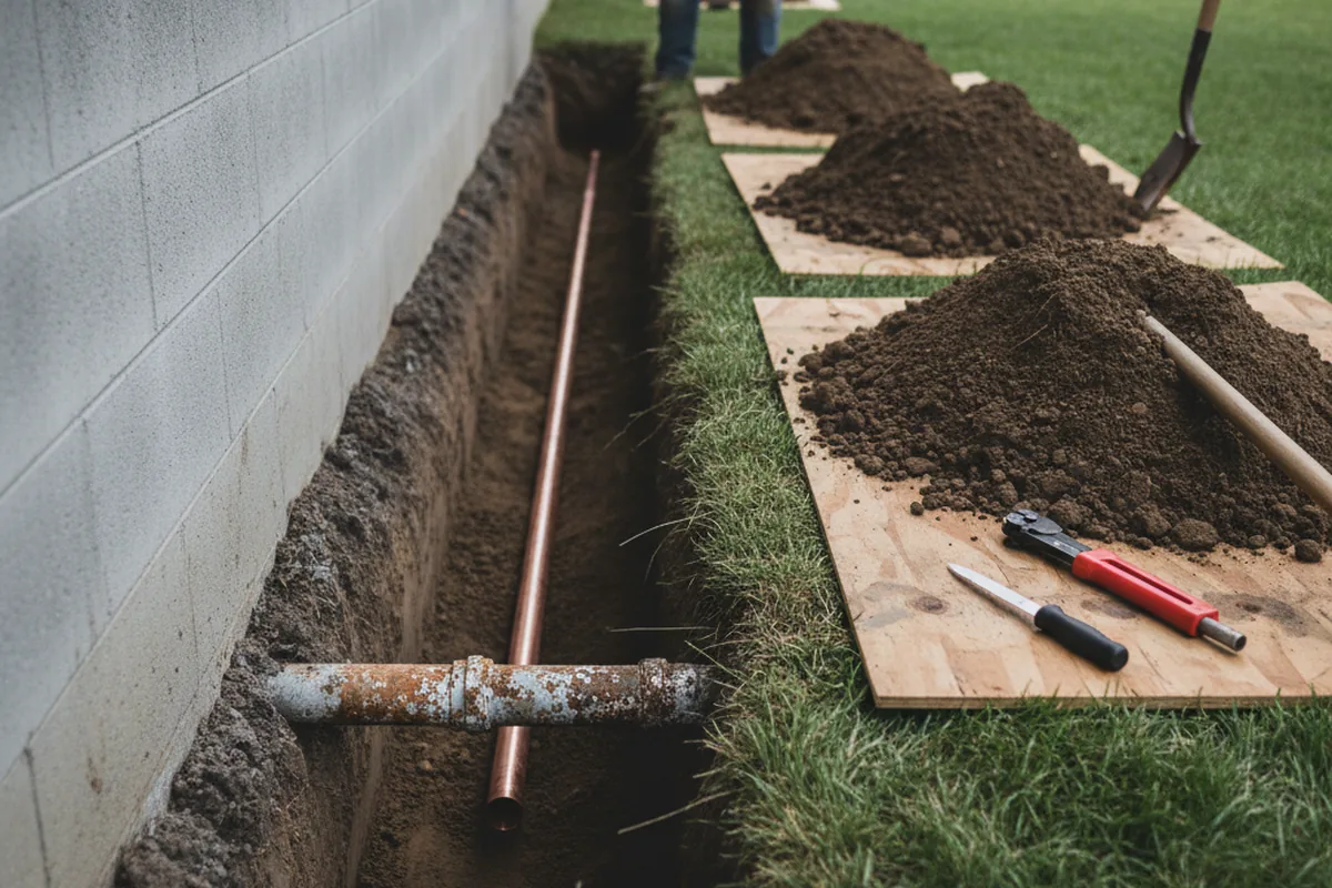 Excavated water line trench during Sewer Line Repair in Davenport